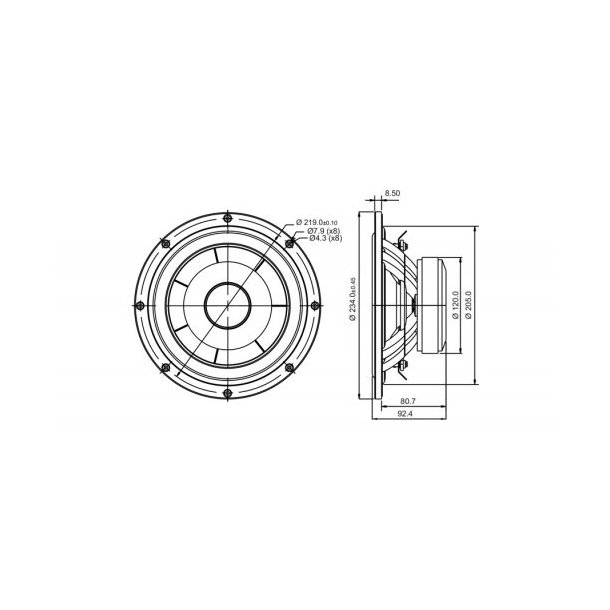SB23NBACS45-4, 8" mid/woofer 45mm vc black cone