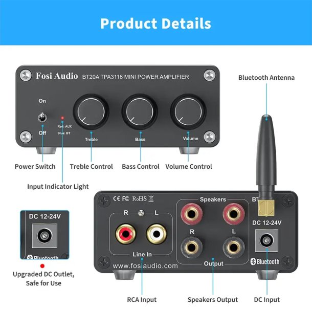 Fosi Audio BT20A Bluetooth 5.0 &amp; R/L forst�rker 2 x 100W